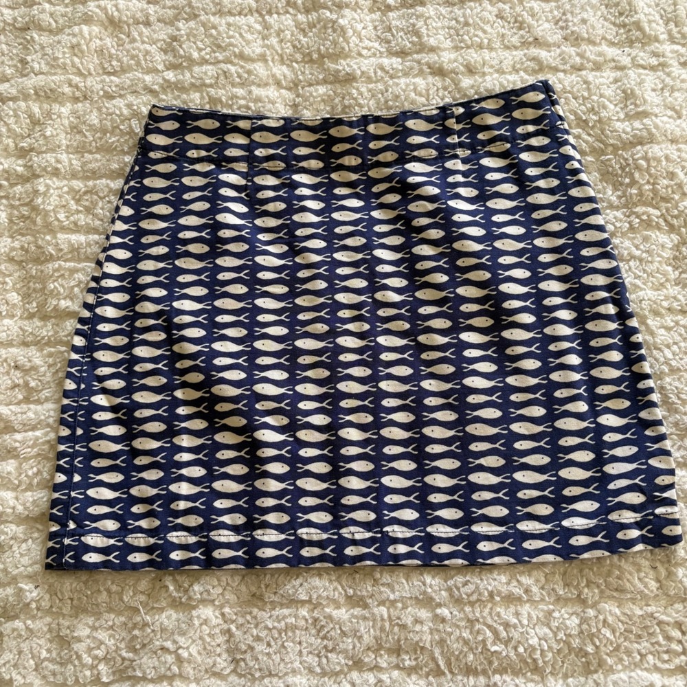 Garnet Hill Navy‎ Blue White Fish Print Cotton Mini Pencil Skirt Size 4 Nautical